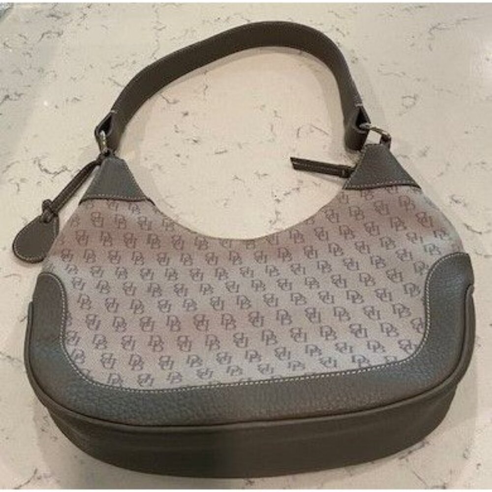 DOONEY AND BOURKE Textured Fabric Taupe/Grey Shoulder Purse Zipper Top - Picture 2 of 8
